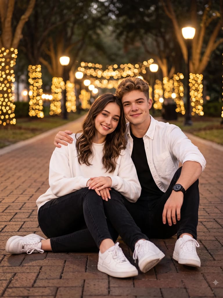 Night Bokeh String Lights Couple Sitting Portrait (Variation 2)