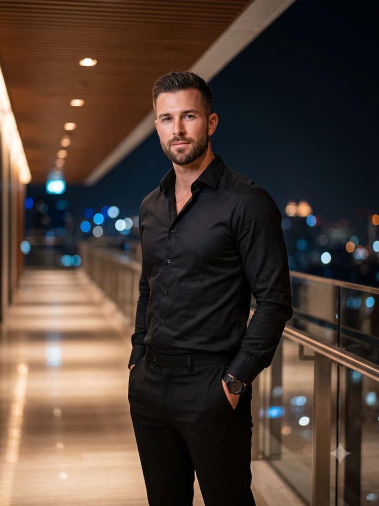Man in Black on Luxury Balcony with Night Bokeh Portrait (Variation 1)