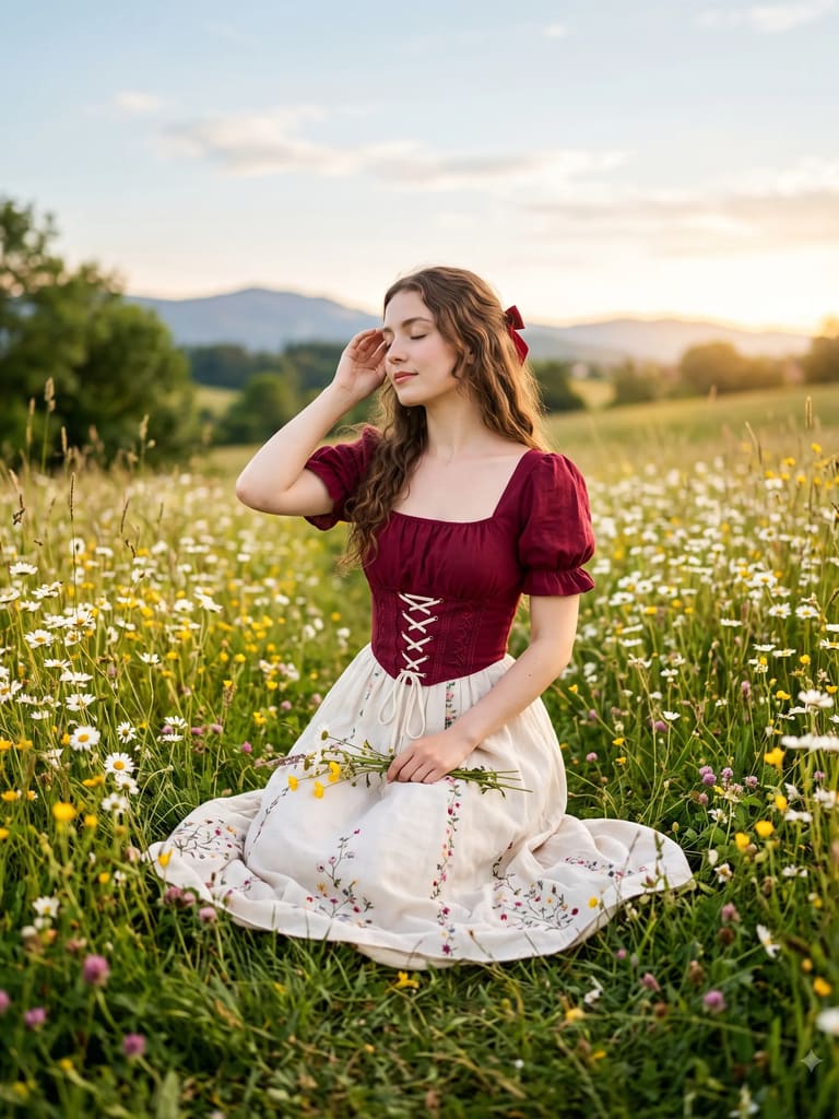 Cottagecore Girl in Sunlit Wildflower Field Portrait (Variation 3)