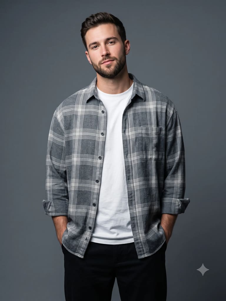 Grey Plaid Flannel Studio Men Fashion Portrait (Variation 2)