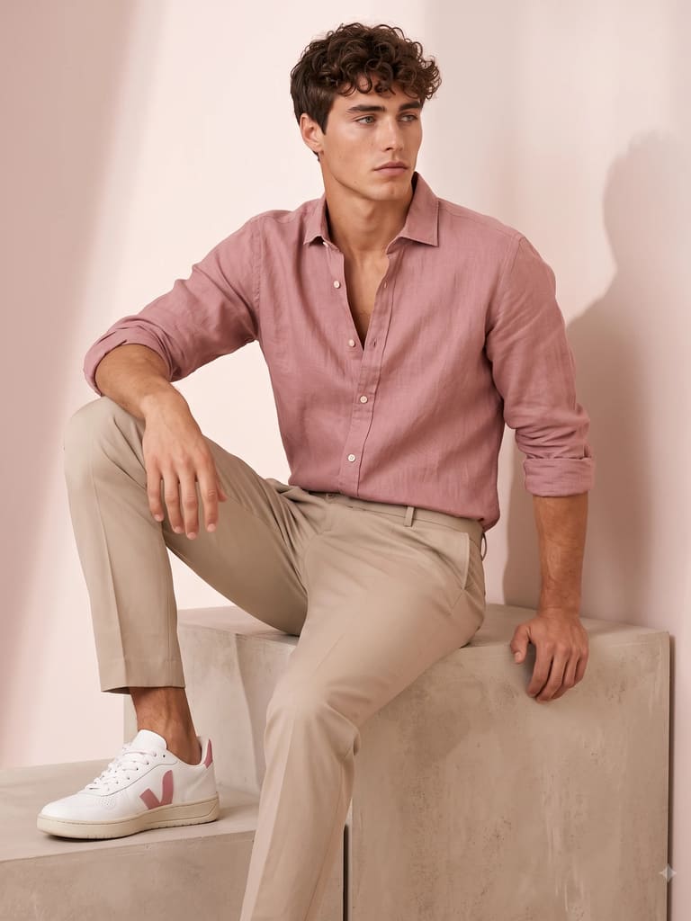 Soft Pink Linen Shirt Studio Men Photoshoot (Variation 3)