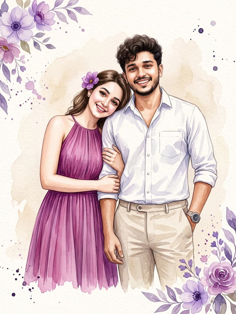 Watercolor Portrait of a Happy Couple Portrait (Variation 2)