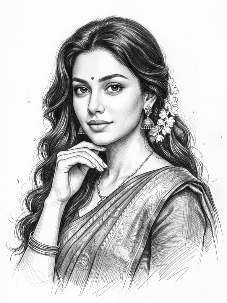 Beautiful Indian Woman Saree Pencil Sketch (Variation 1)