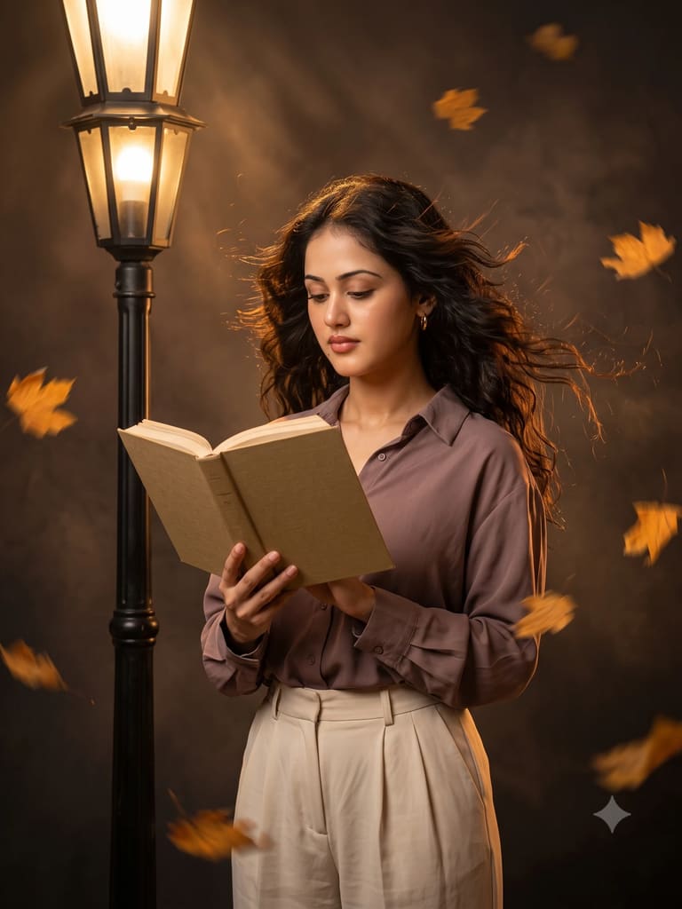 Cinematic Night Street Lamp Reading Portrait (Variation 2)