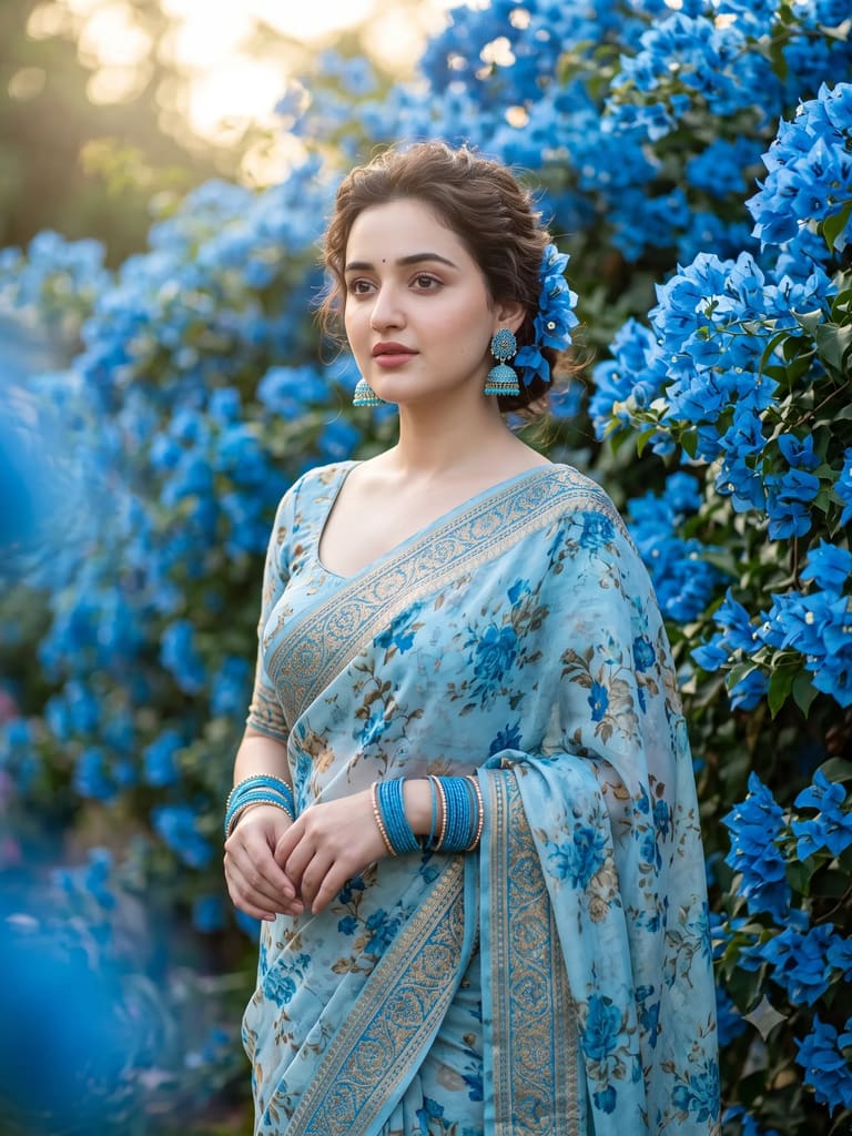Soft Blue Floral Saree Outdoor Aesthetic Portrait (Variation 3)