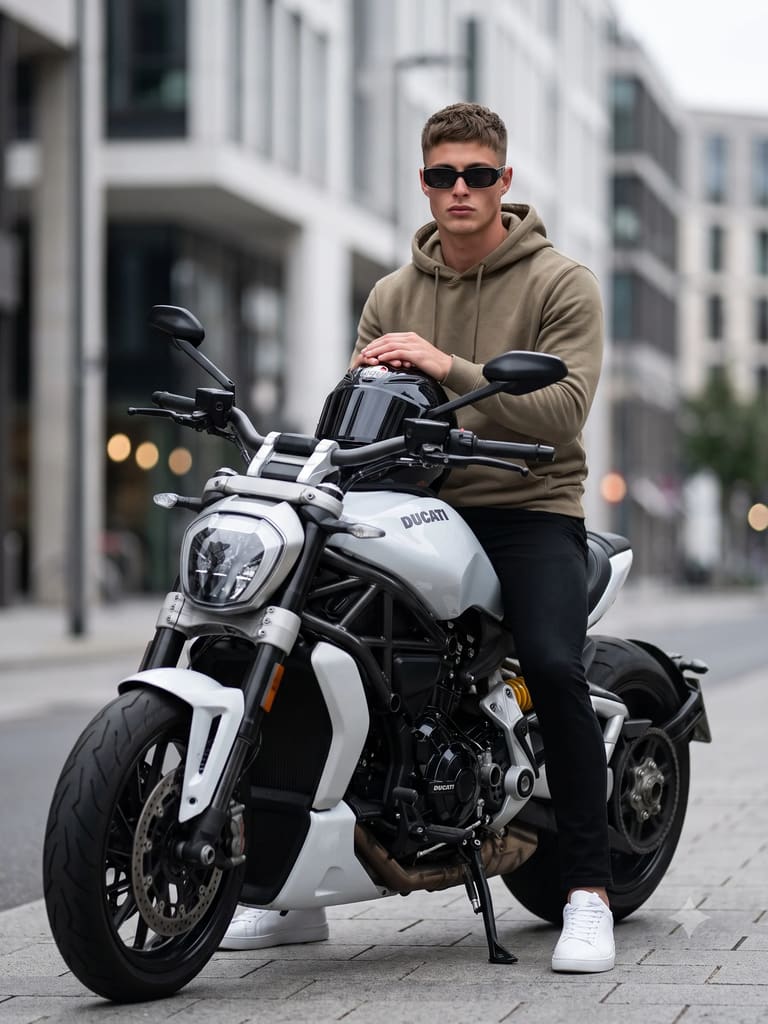 Confident Man Seated on Custom Motorcycle Portrait (Variation 2)