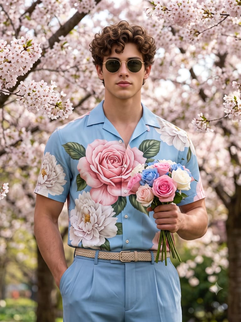 Man with Roses in a Sakura Garden