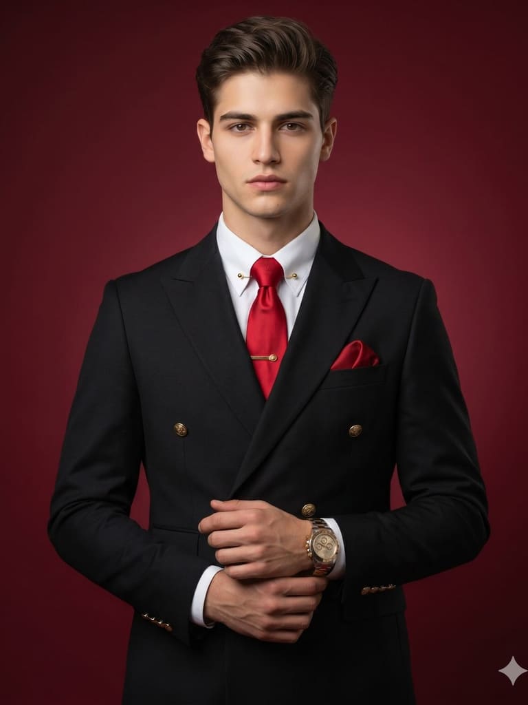 Sartorial Precision in Red Portrait (Variation 2)