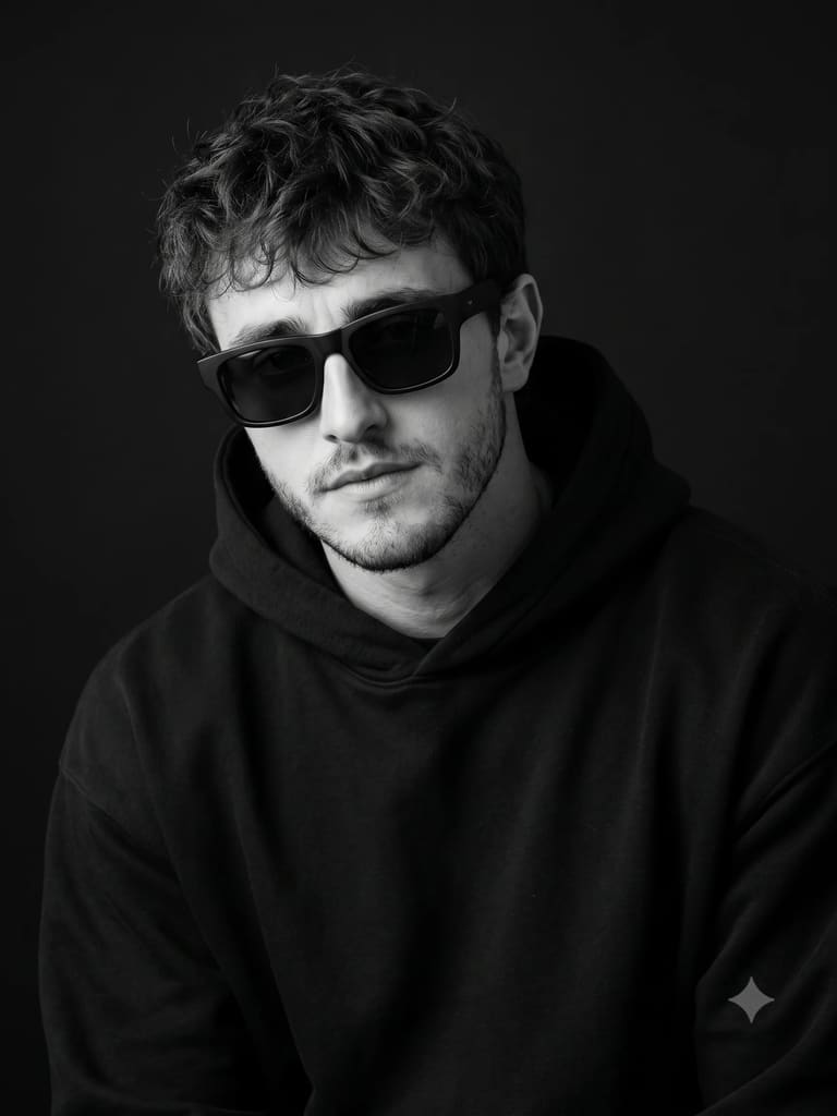 Monochrome Man Black Hoodie Sunglasses Portrait (Variation 2)