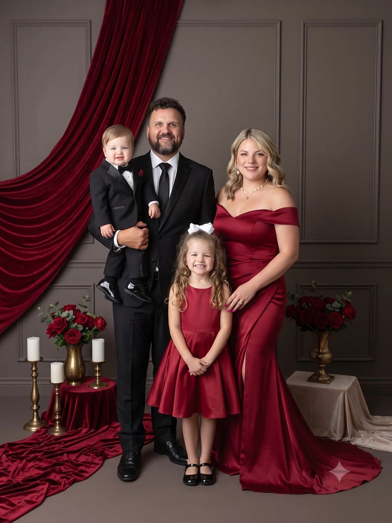 Luxury Crimson Formal Family Photoshoot Portrait (Variation 3)