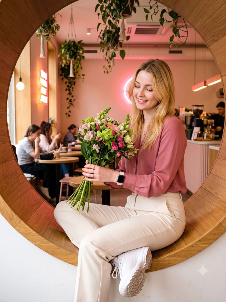 Woman with Flowers Through Circular Café Window (Variation 4)