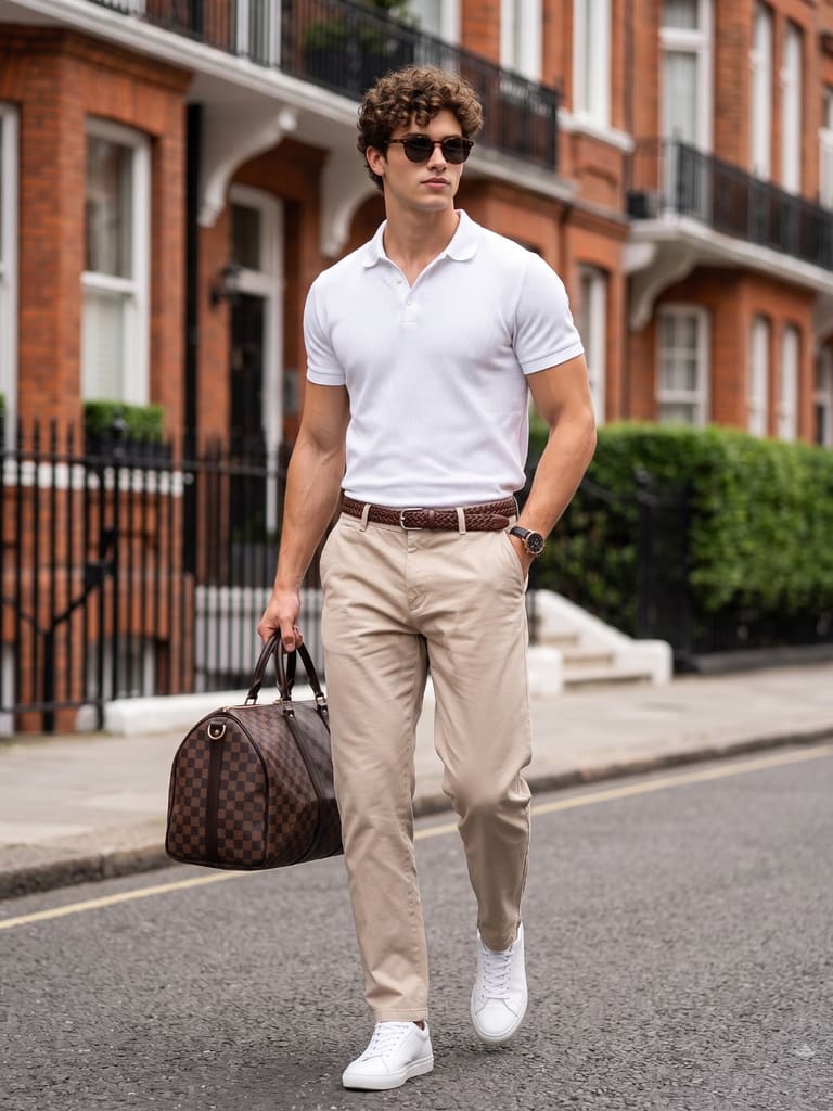 Off-Duty Model Look – White Polo, Chinos, Duffel Bag