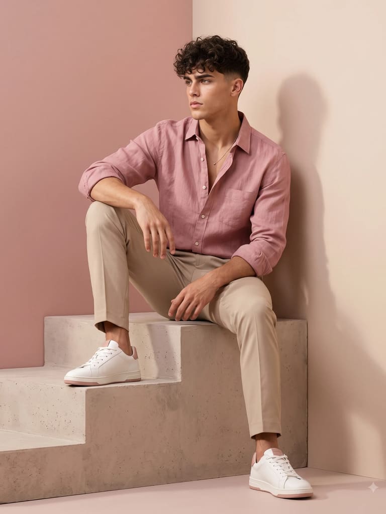 Soft Pink Linen Shirt Studio Men Photoshoot (Variation 2)
