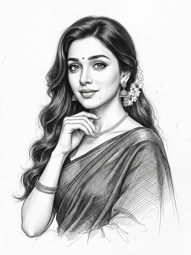 Beautiful Indian Woman Saree Pencil Sketch (Variation 2)