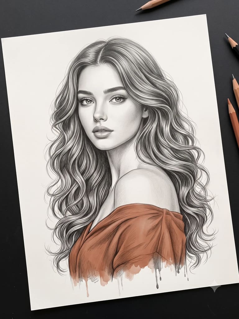 Graphite & Color Female Sketch (Variation 6)