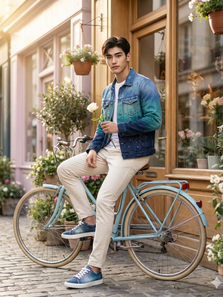 Stylish Man in Gradient Denim on Bike (Variation 2)
