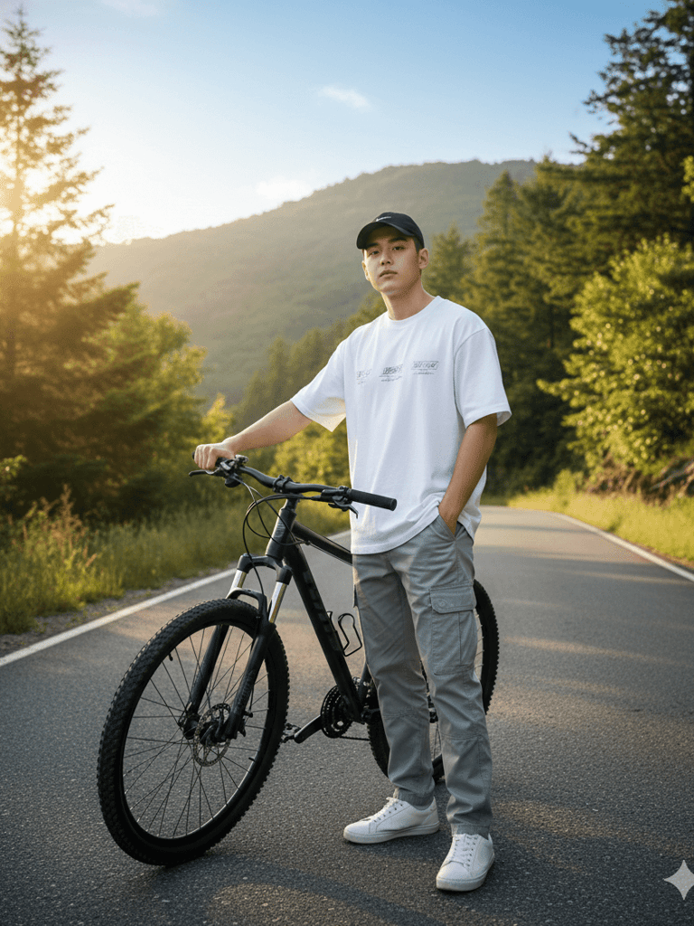 Biker on mountain road