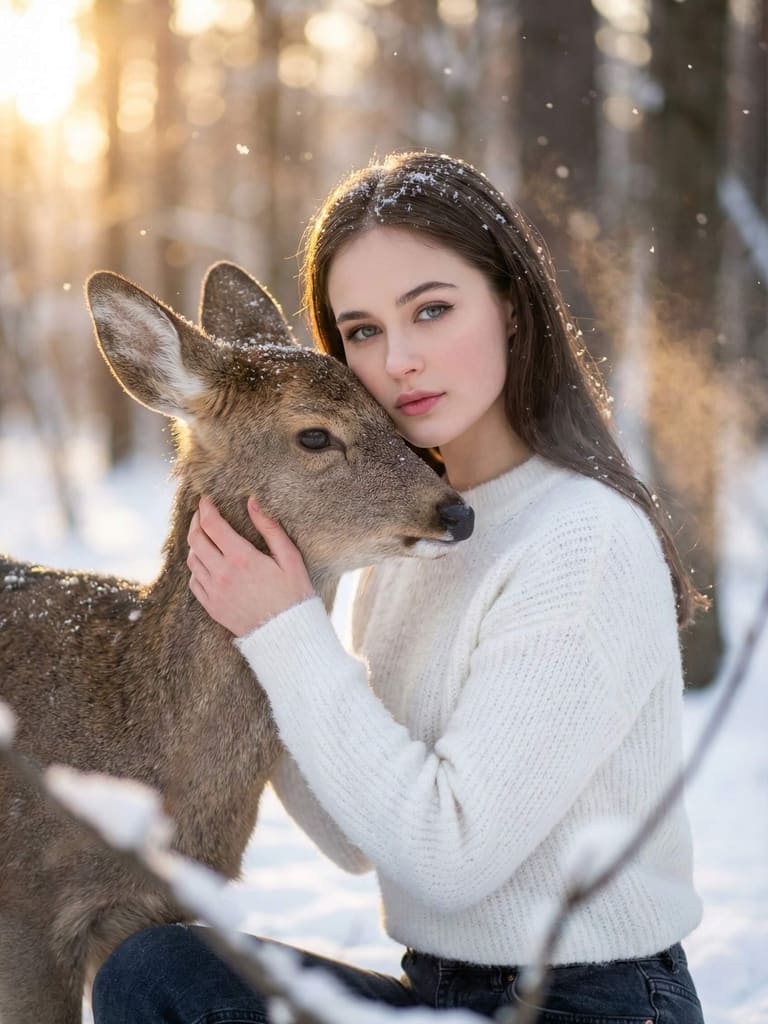 Girl and Fawn in the Snow