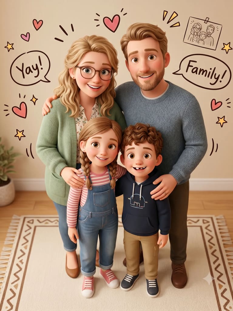 Cozy 3D Cartoon Family Living Room Gathering (Variation 8)