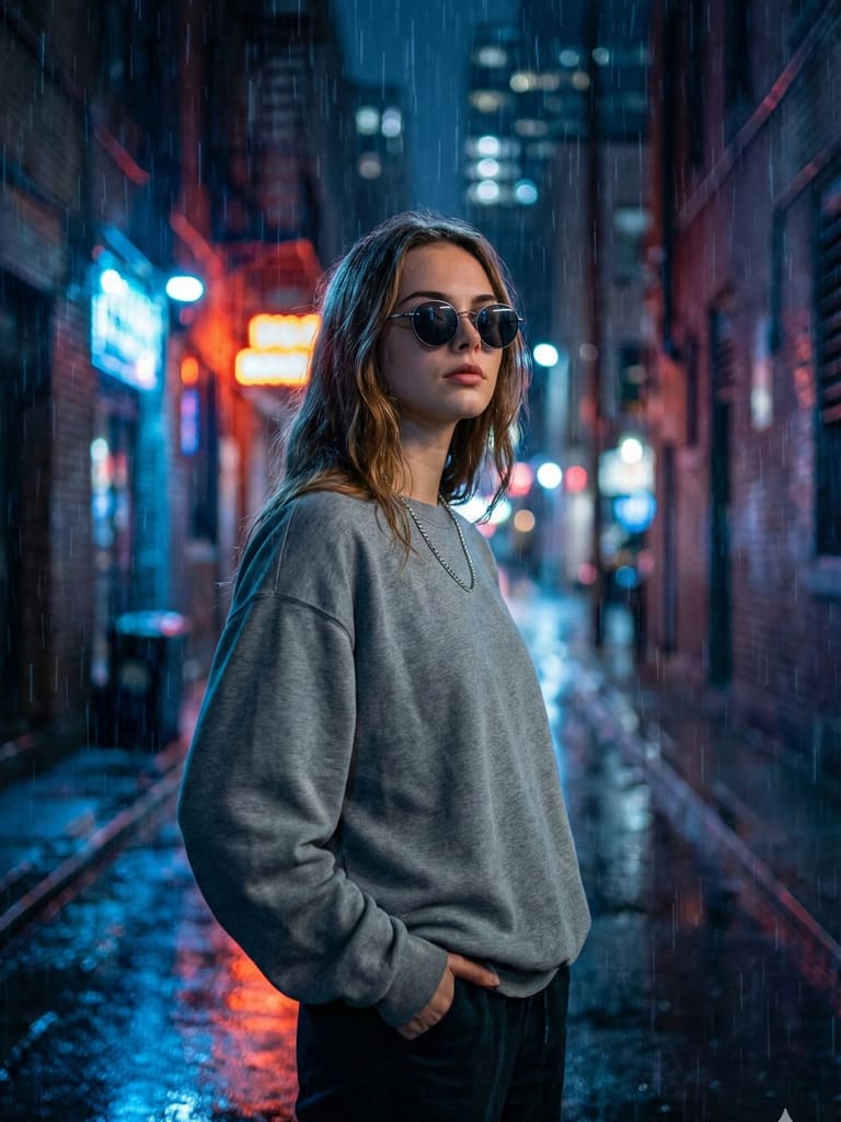 Neon Lights in the Rain Cyberpunk Street Portrait (Variation 2)