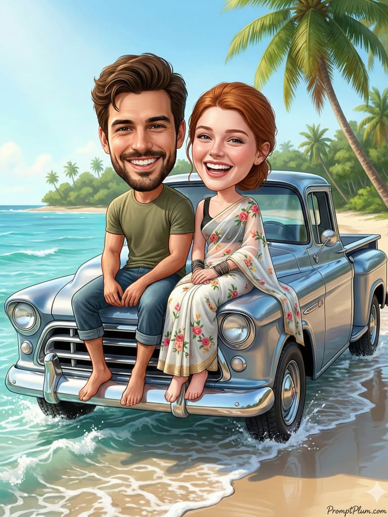 3D Caricature Couple on Tropical Beach Vacation (Variation 3)