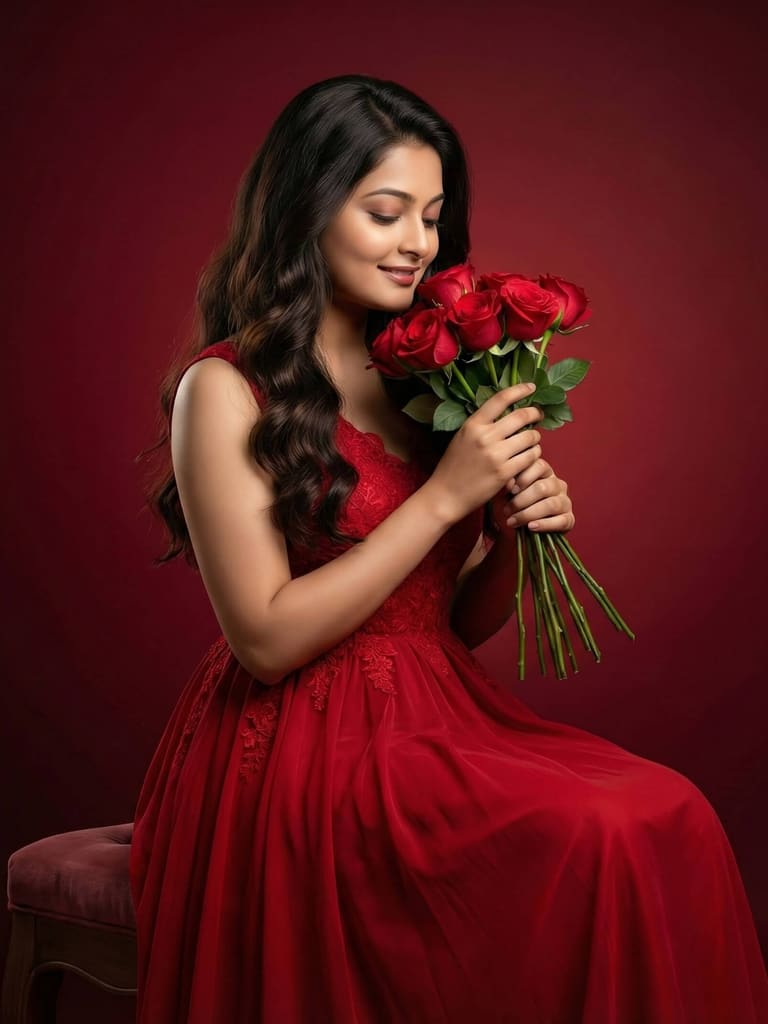 Cinematic Portrait Prompt | Woman In Red Gown With Roses AI Image Prompt Result