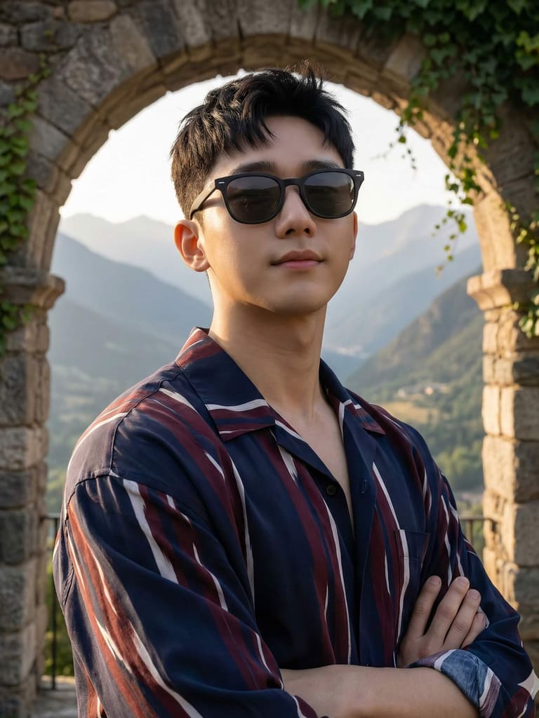 Arched frame, striped shirt