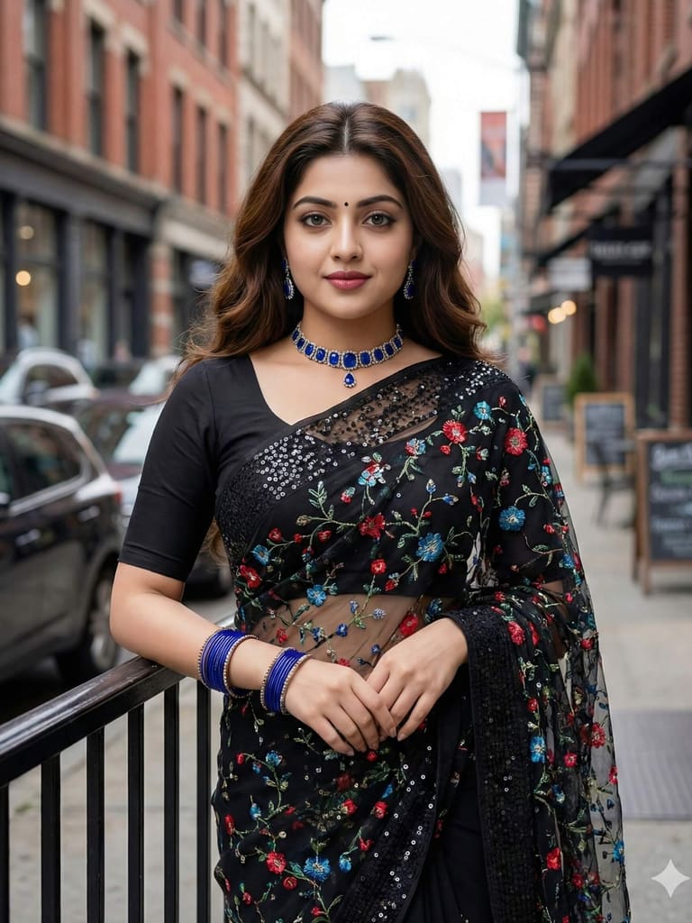 Black Saree with Floral Embroidery