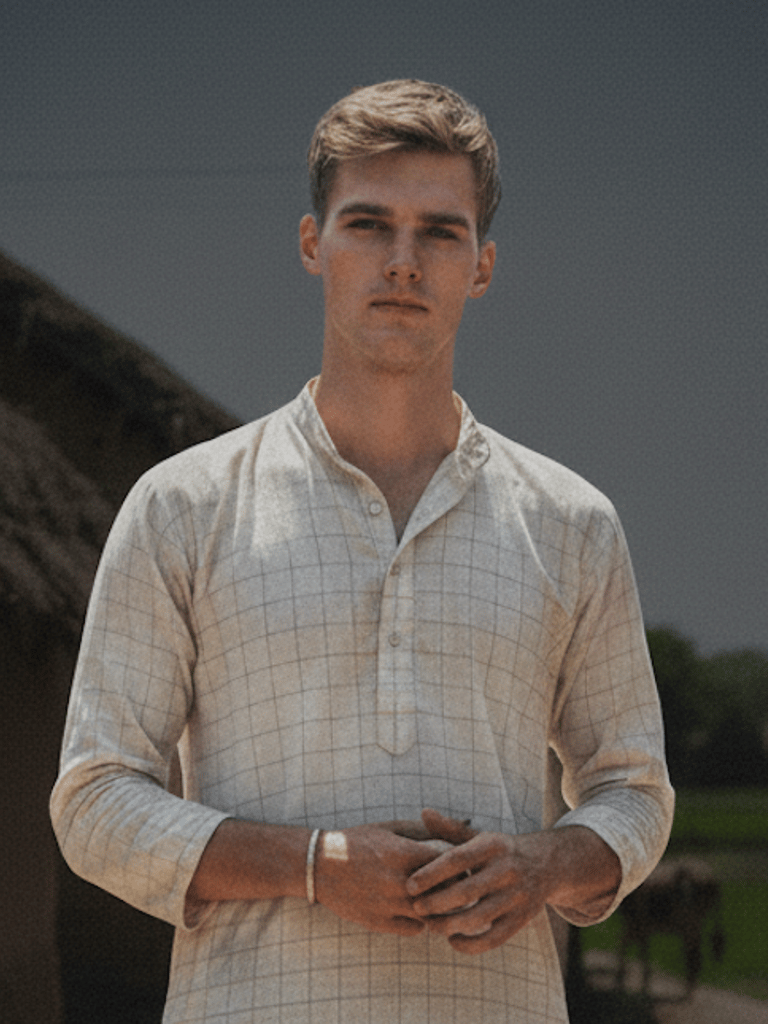 Modern Man in Bold Abstract Knitwear Portrait (Variation 2)