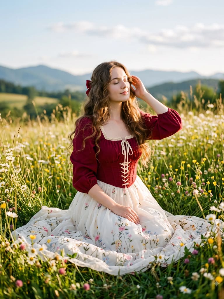 Cottagecore Girl in Sunlit Wildflower Field Portrait (Variation 2)