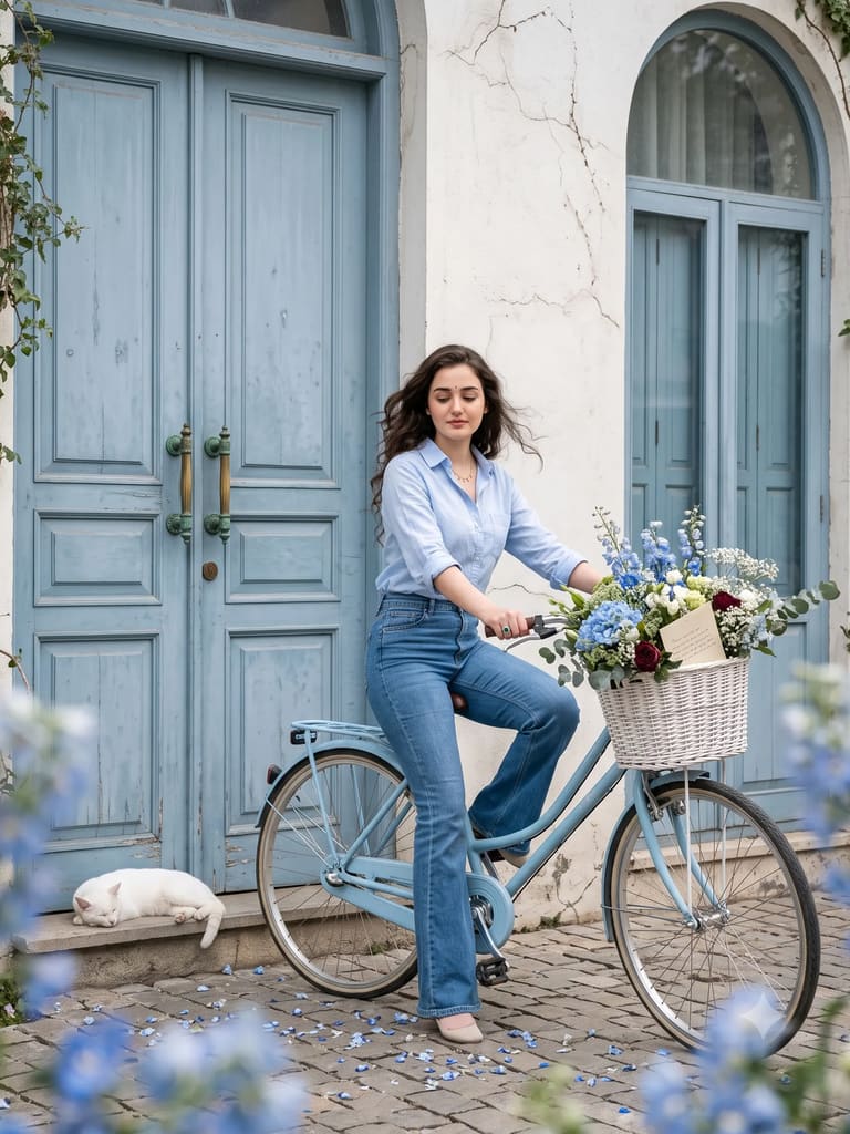Aesthetic Woman with Floral Basket and Vintage Bicycle (Variation 2)