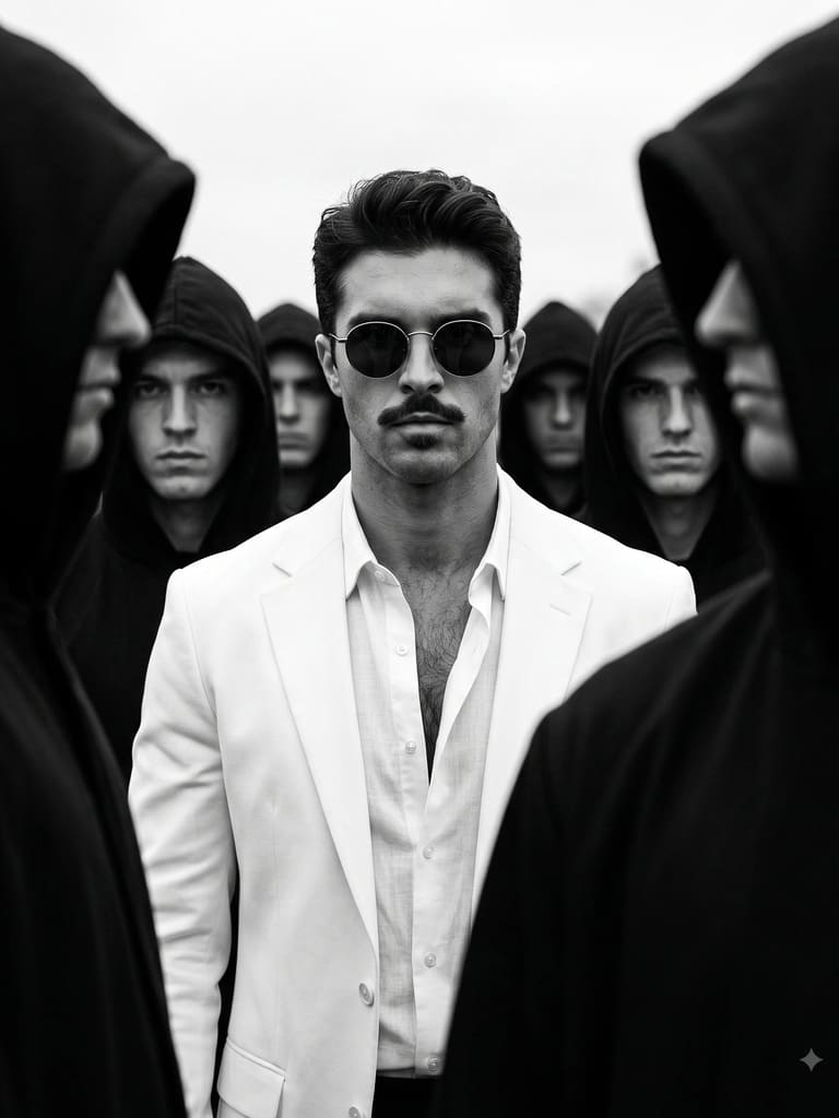 White Suit Man in Hooded Crowd Portrait (Variation 5)