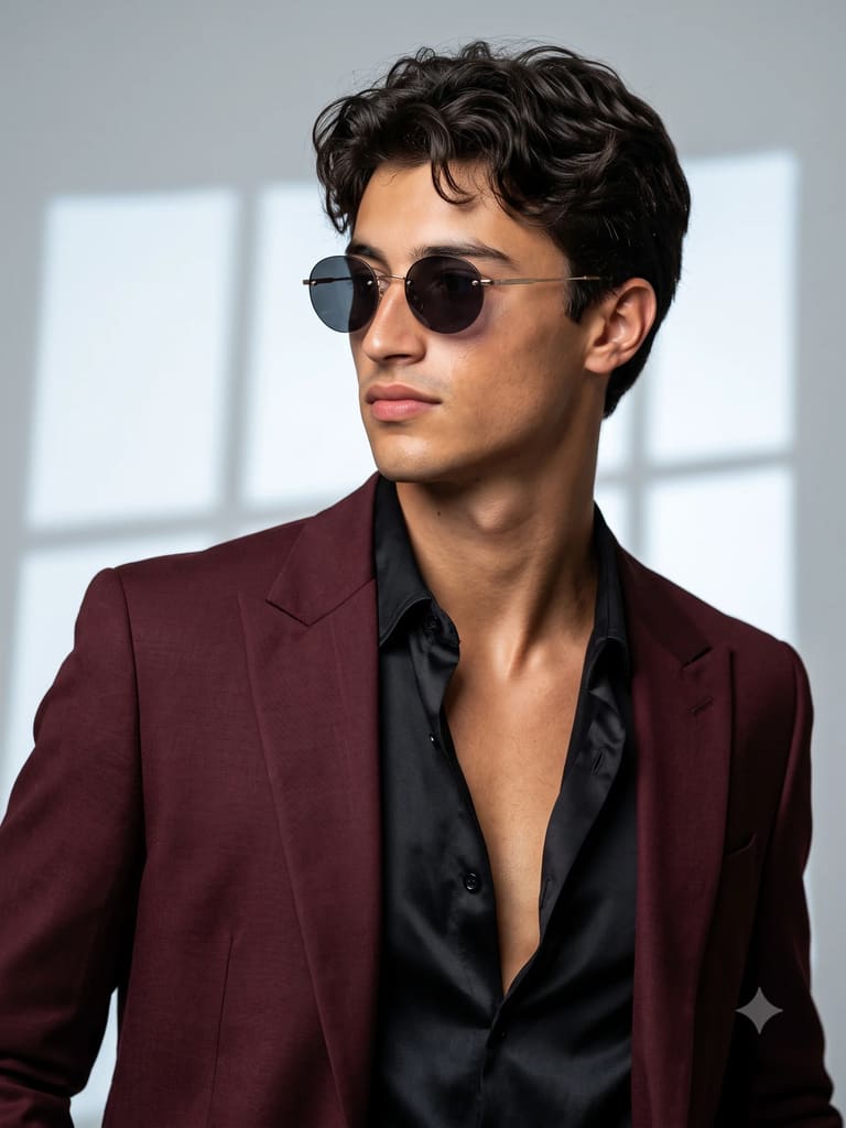 Maroon Suit Round Sunglasses Fashion Portrait (Variation 4)