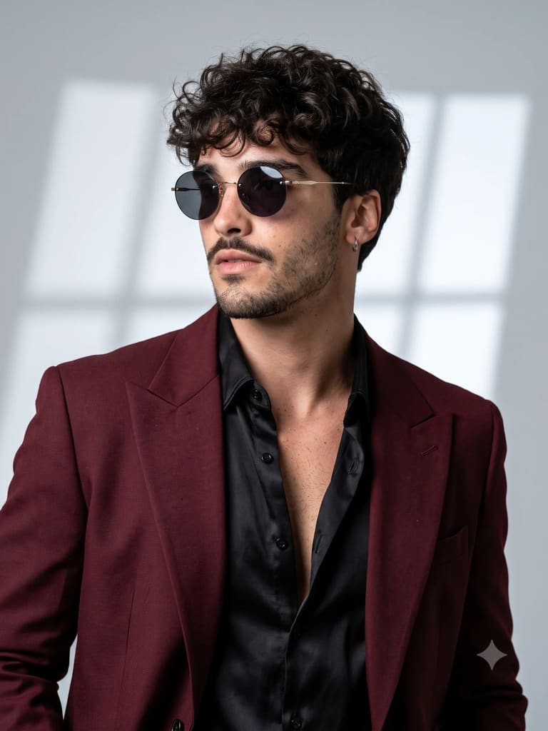 Maroon Suit Round Sunglasses Fashion Portrait (Variation 3)