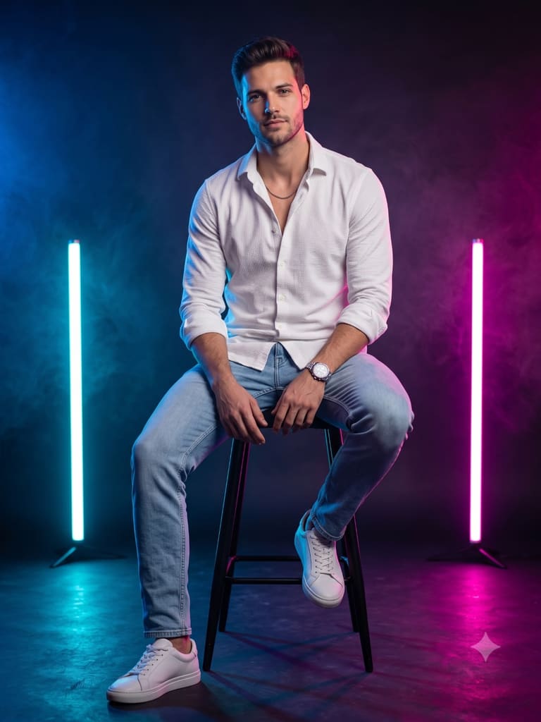 Moody Neon Studio Photography of a Man Portrait (Variation 1)