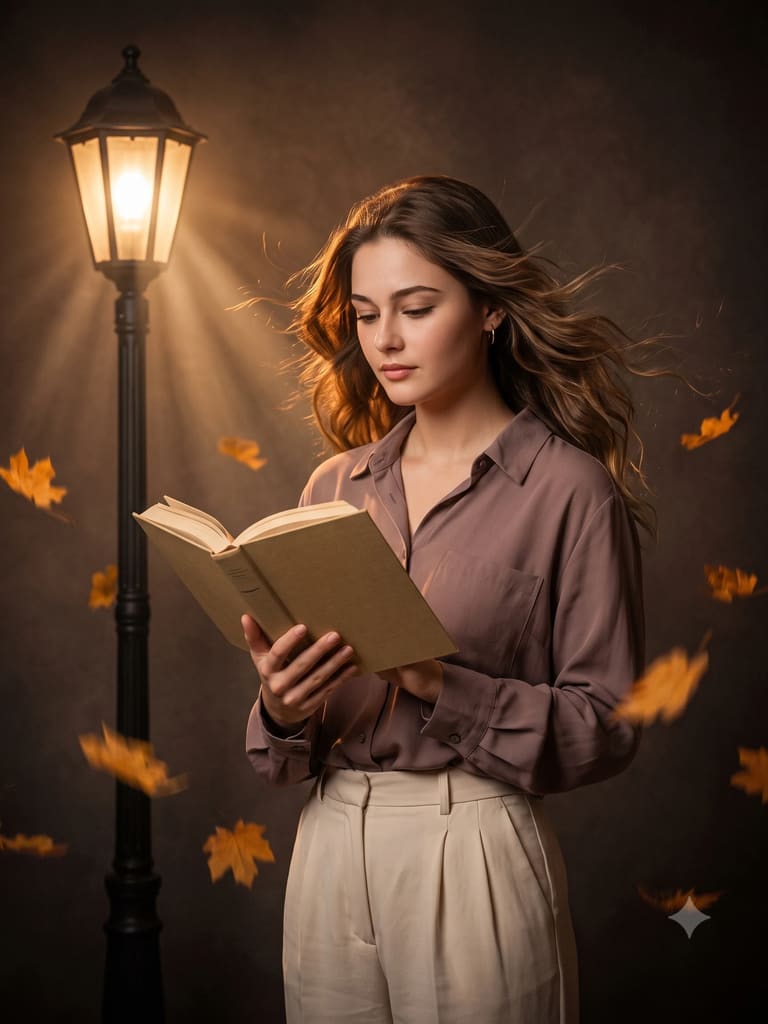 Cinematic Night Street Lamp Reading Portrait (Variation 1)