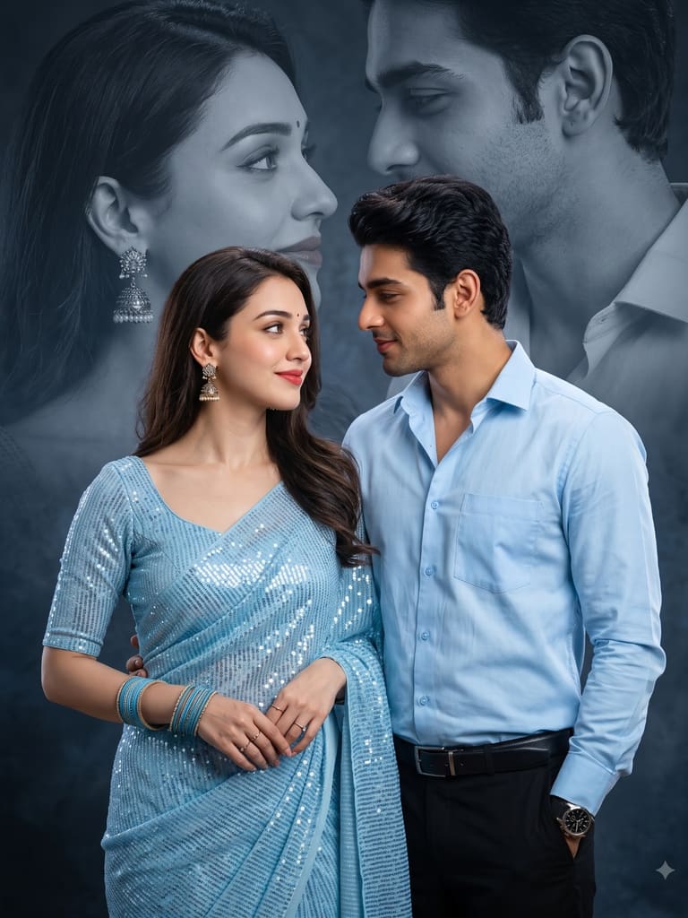 Elegant Couple in Blue Outfit – Double Exposure Portrait