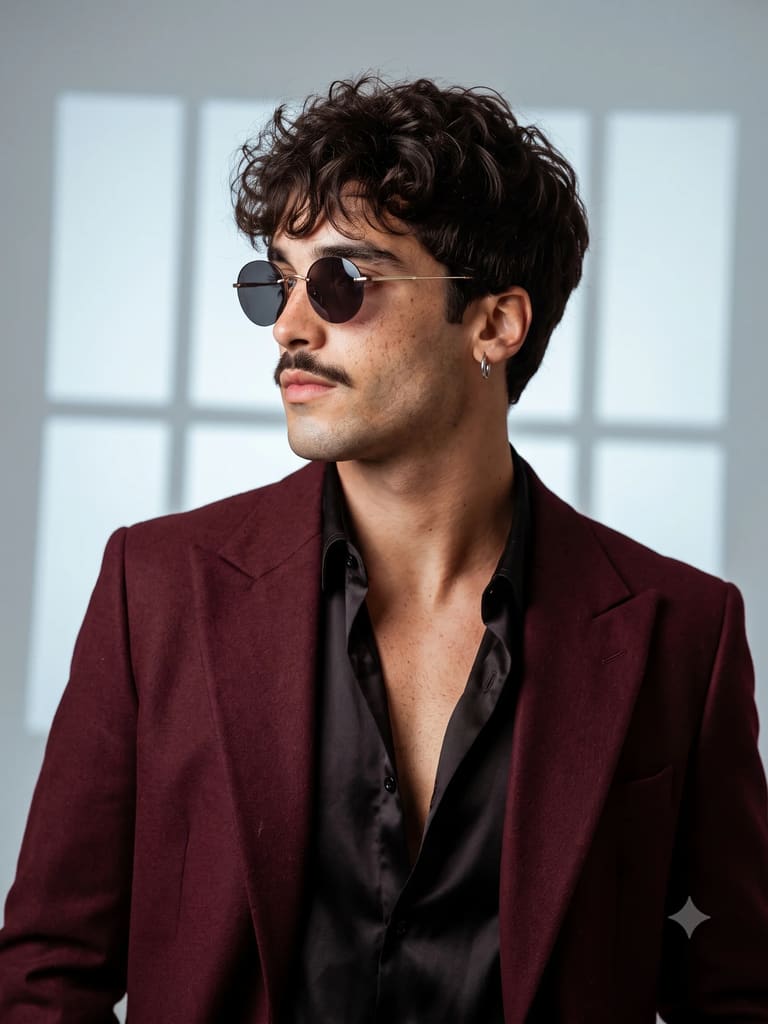 Maroon Suit Round Sunglasses Fashion Portrait (Variation 1)