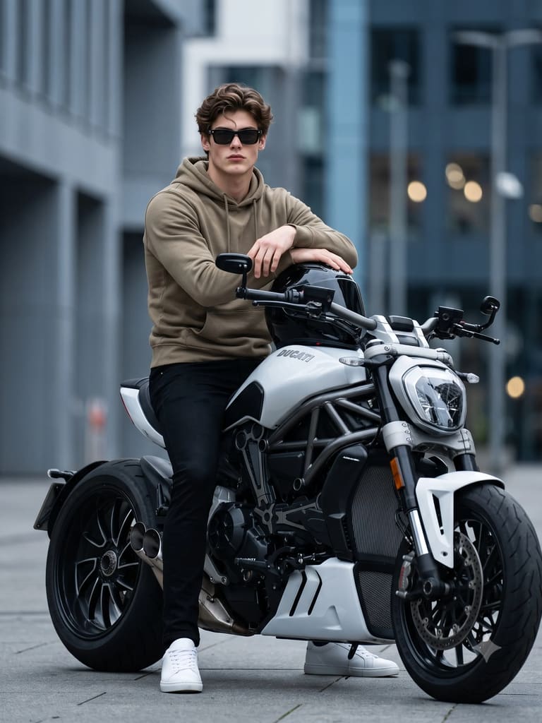 Confident Man Seated on Custom Motorcycle Portrait (Variation 1)