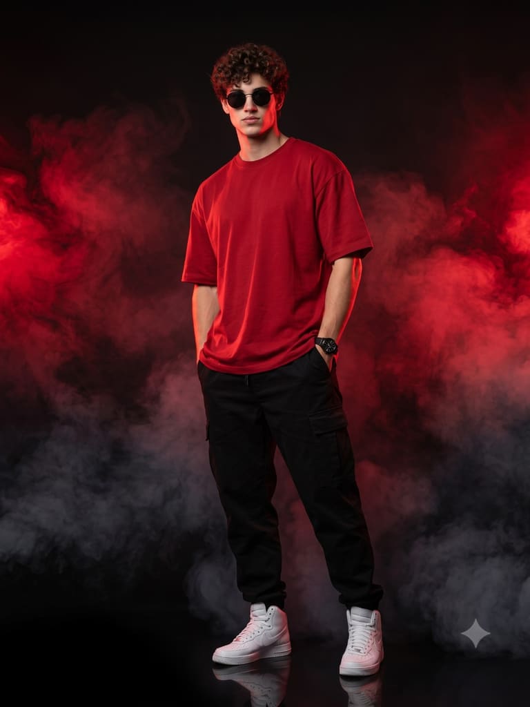 Red Tshirt Sunglasses Smoke Studio Fashion Portrait (Variation 1)