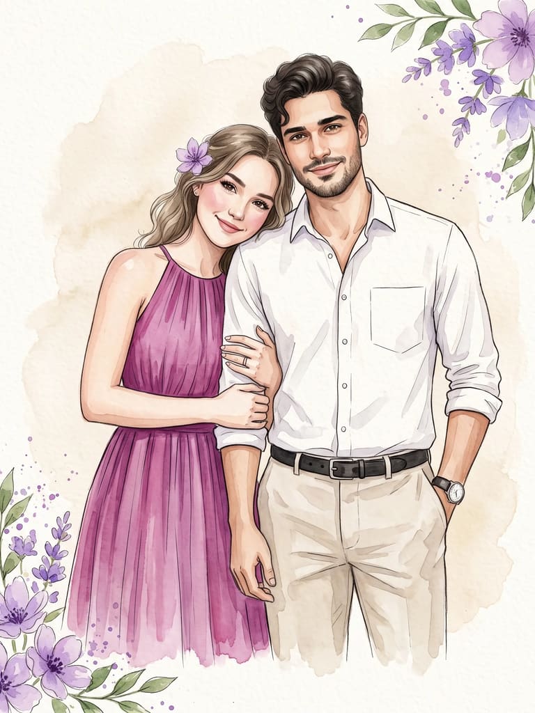 Watercolor Portrait of a Happy Couple Portrait (Variation 4)