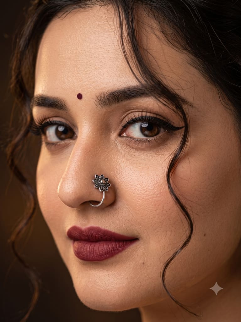 Silver Floral Nose Pin Extreme Close Up Beauty Portrait (Variation 2)