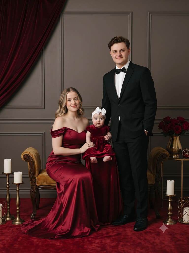 Luxury Crimson Formal Family Photoshoot Portrait (Variation 5)