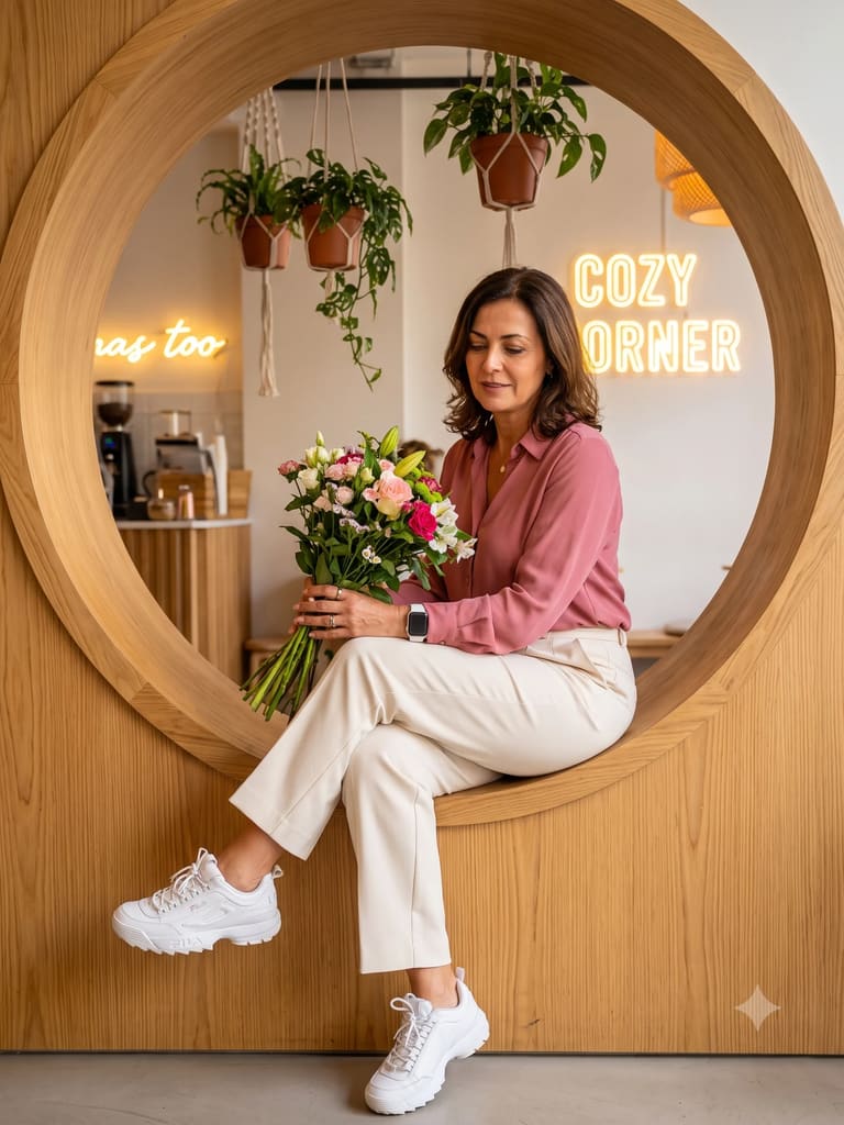 Woman with Flowers Through Circular Café Window (Variation 5)