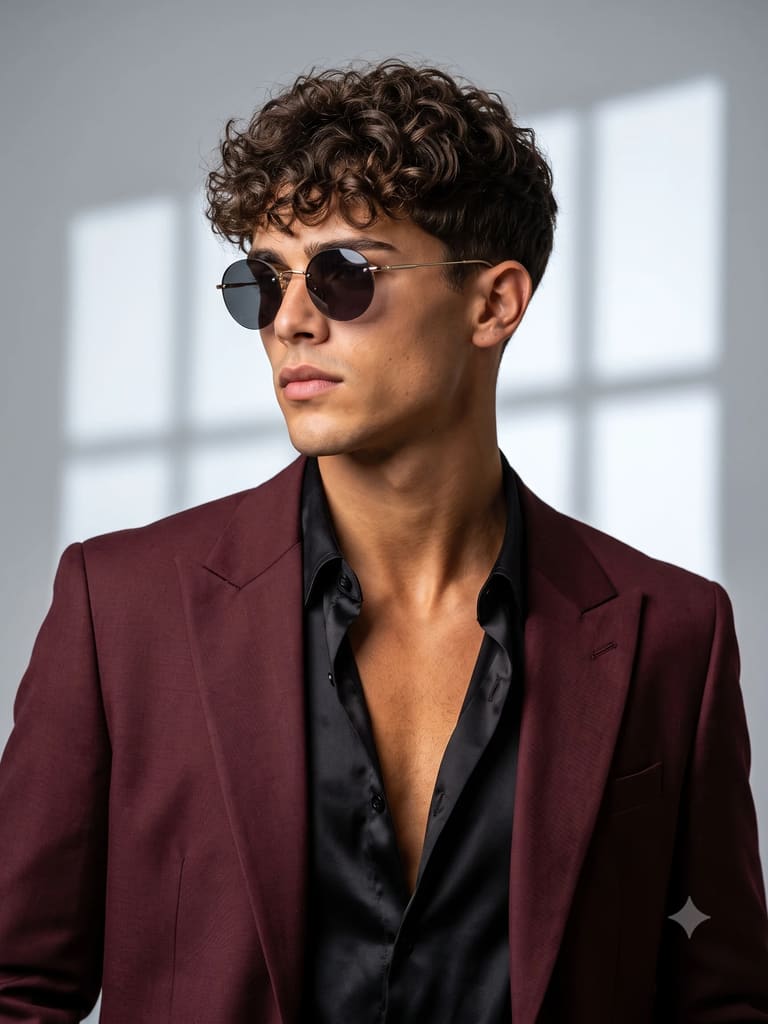 Maroon Suit Round Sunglasses Fashion Portrait (Variation 2)