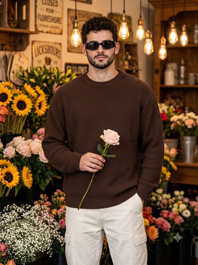 Stylish Man Holding Rose Among Sunflowers