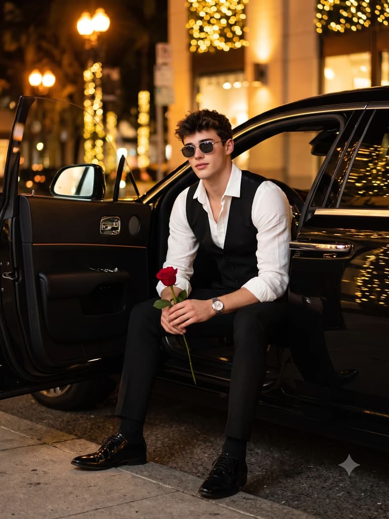 Man with a Rose in a Luxury Car