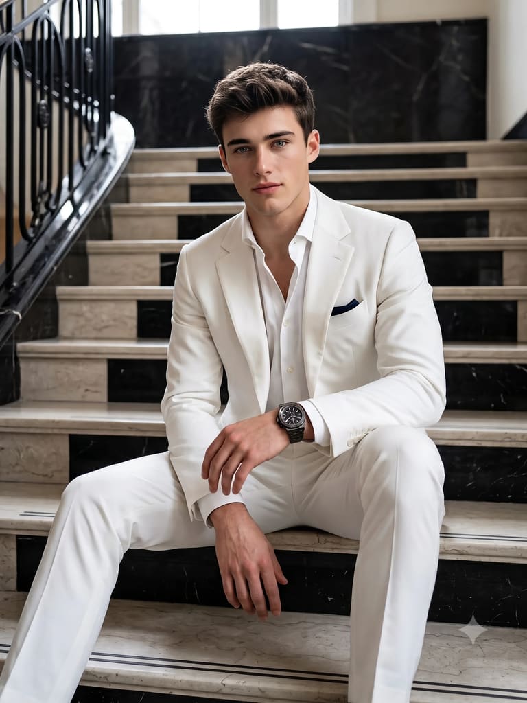 Luxury Men's Fashion: White Suit Styling Portrait (Variation 3)