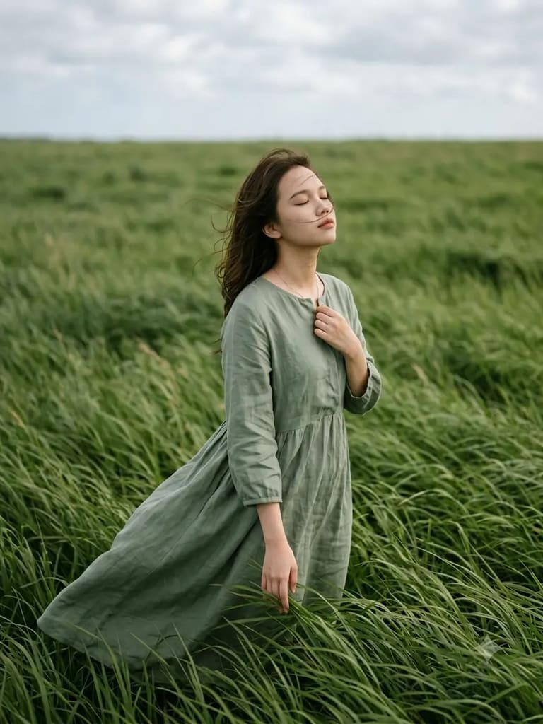 Serene Woman in Wind Green Field Portrait (Variation 3)
