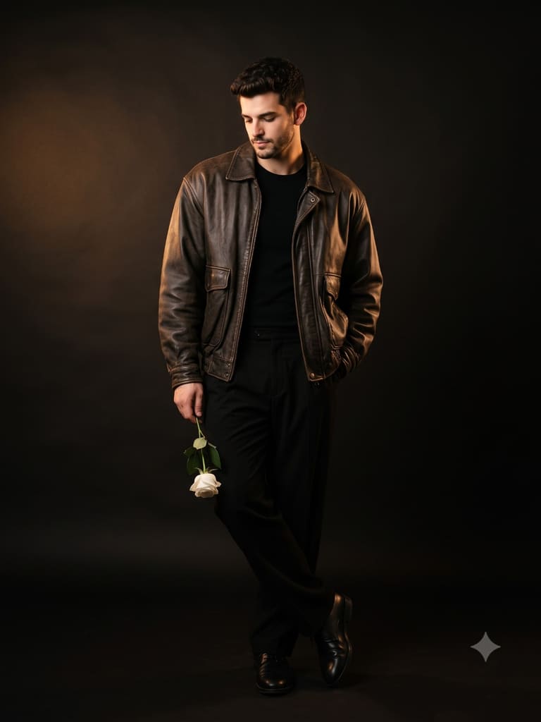 Romantic Man in Leather Jacket Holding White Rose Portrait (Variation 1)